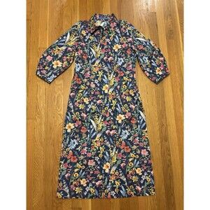 J. McLaughlin Floral Print Button Up Shirt Dress 3/4 Sleeve Midi Size M Blue